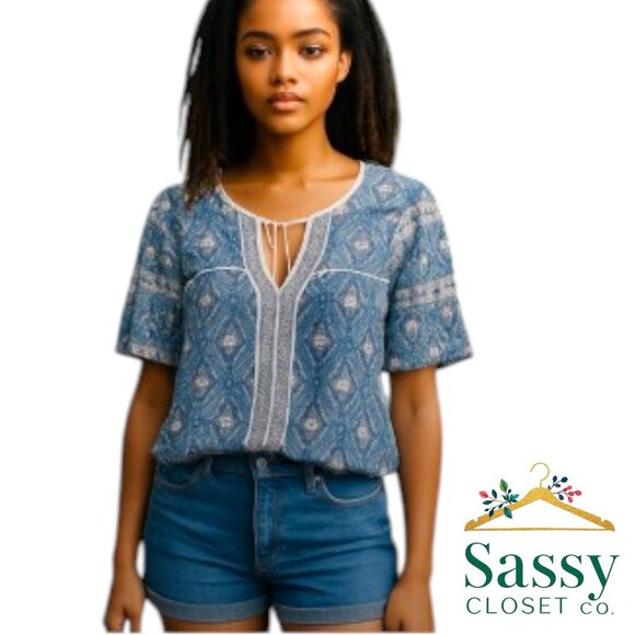 Boho Blouse – LUCKY BRAND Blue Tie Front, Sz XS, EUC - Picture 1 of 6